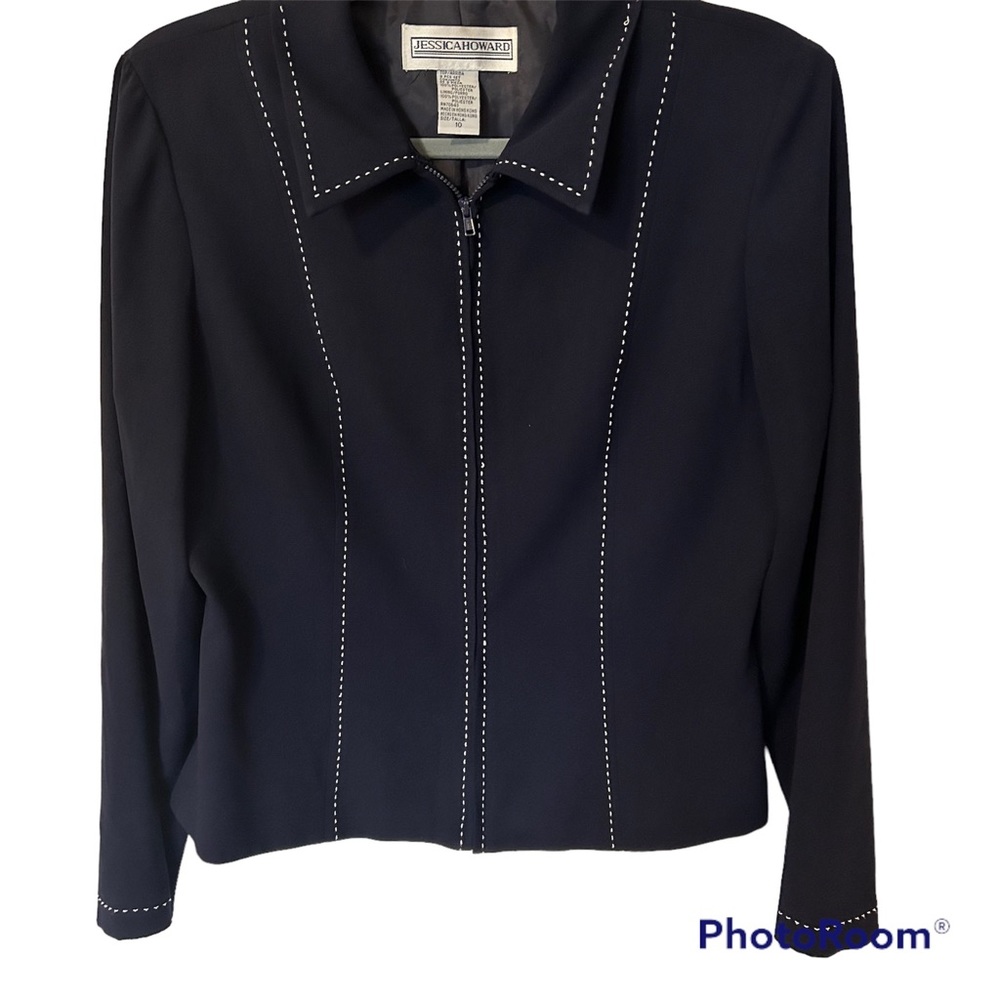 Jessica Howard Navy Blue Blazer Jacket White Exposed Stitching Woman’s SZ 10